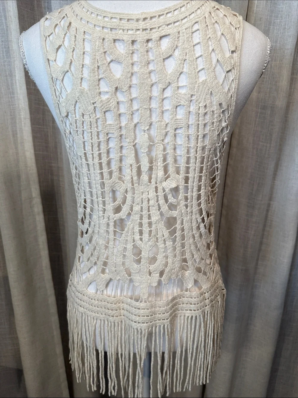 Boho Festival Crochet Vest Cream Fringe Tie Front Love Tree Medium-NWOT - Picture 5 of 12